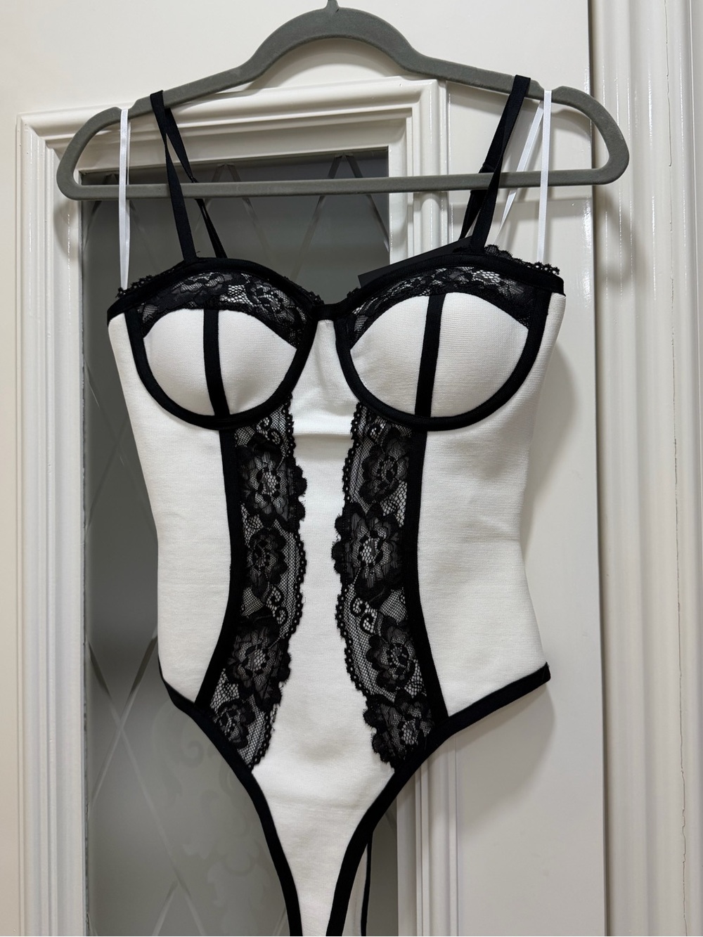 Fashion Nova White and Black Lace-Trim Bustier Bodysuit
